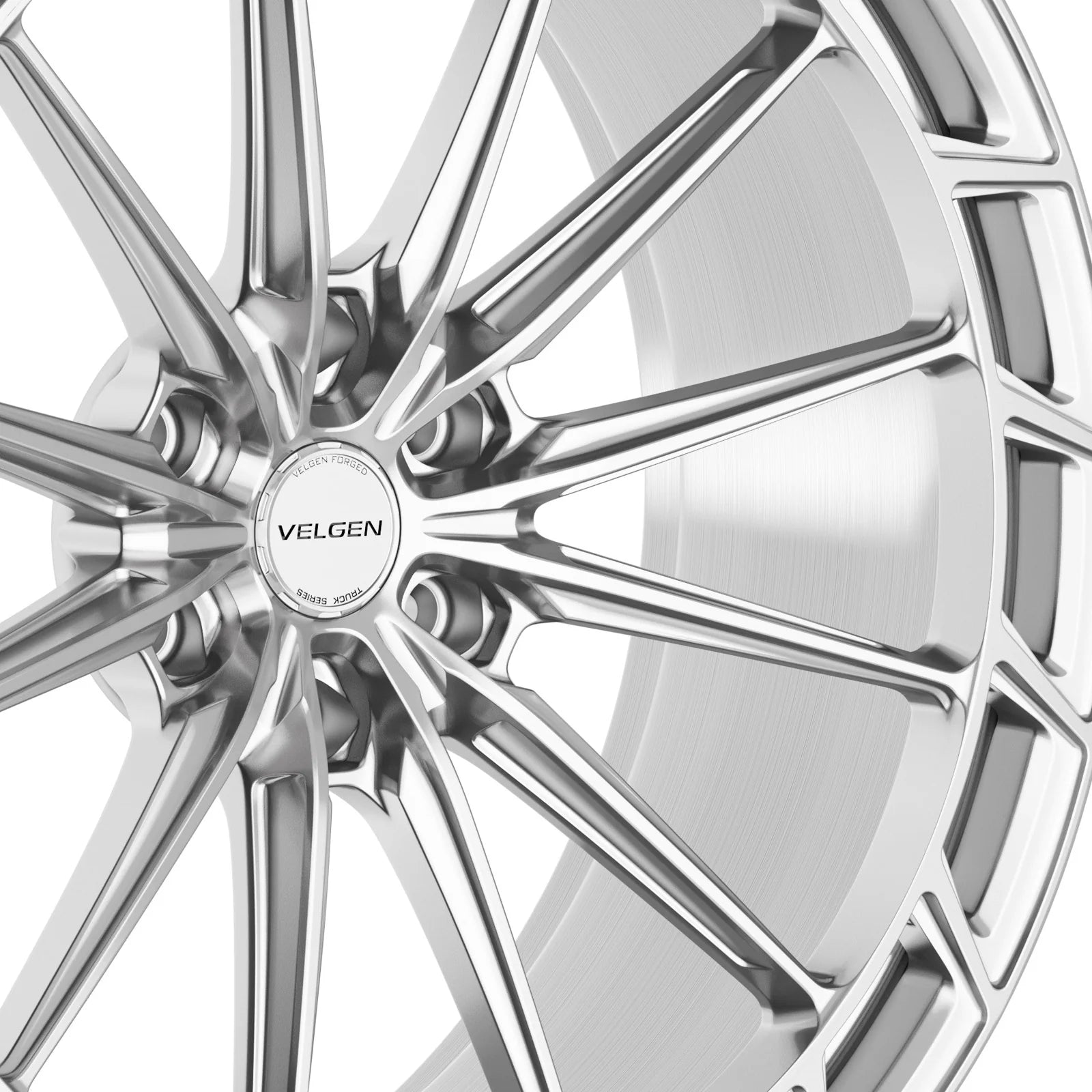 Velgen VFHX-03AD forged monoblock wheel in brushed aluminum, center cap and spoke detail