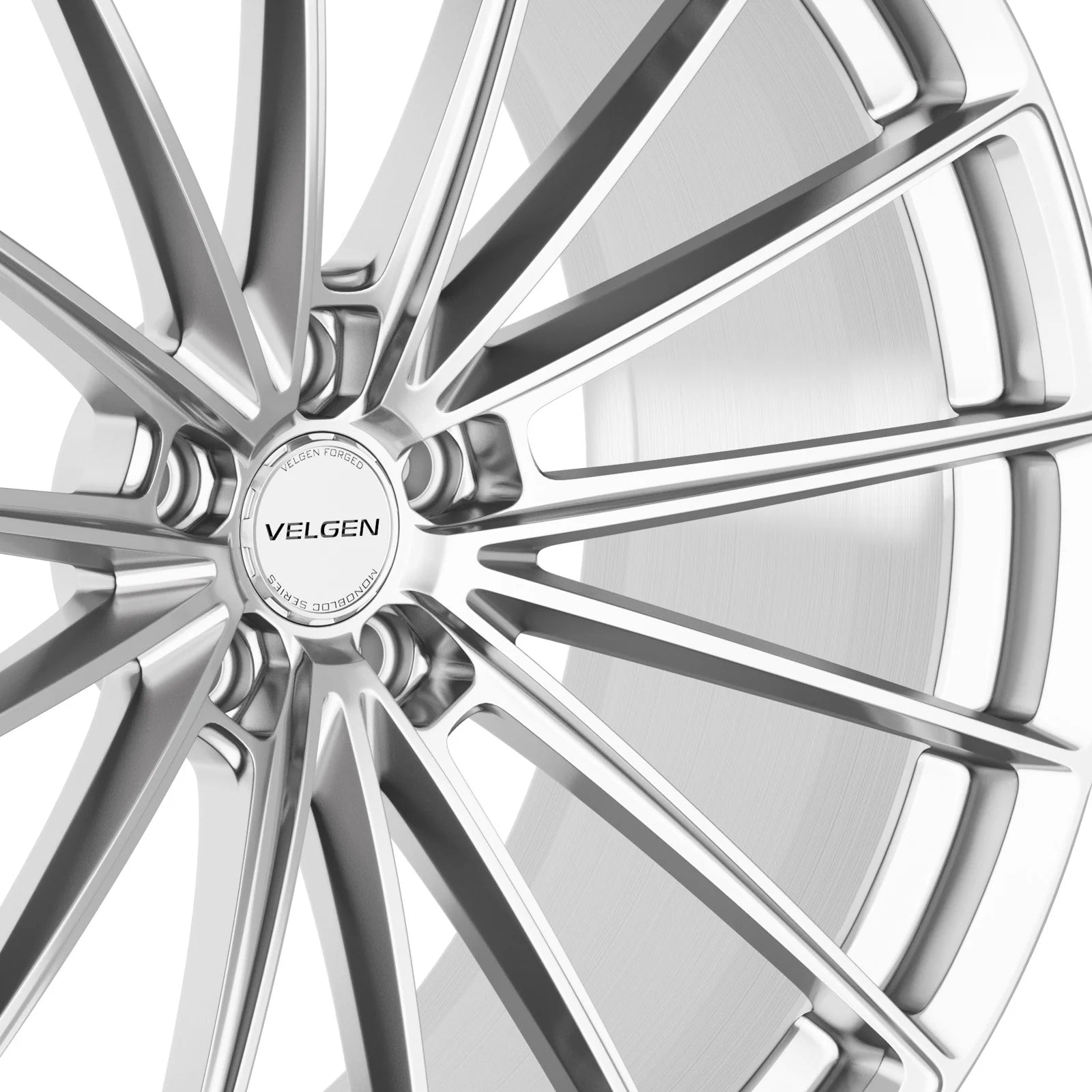 Velgen VFHX-04 forged monoblock wheel in brushed aluminum, center cap and spoke detail