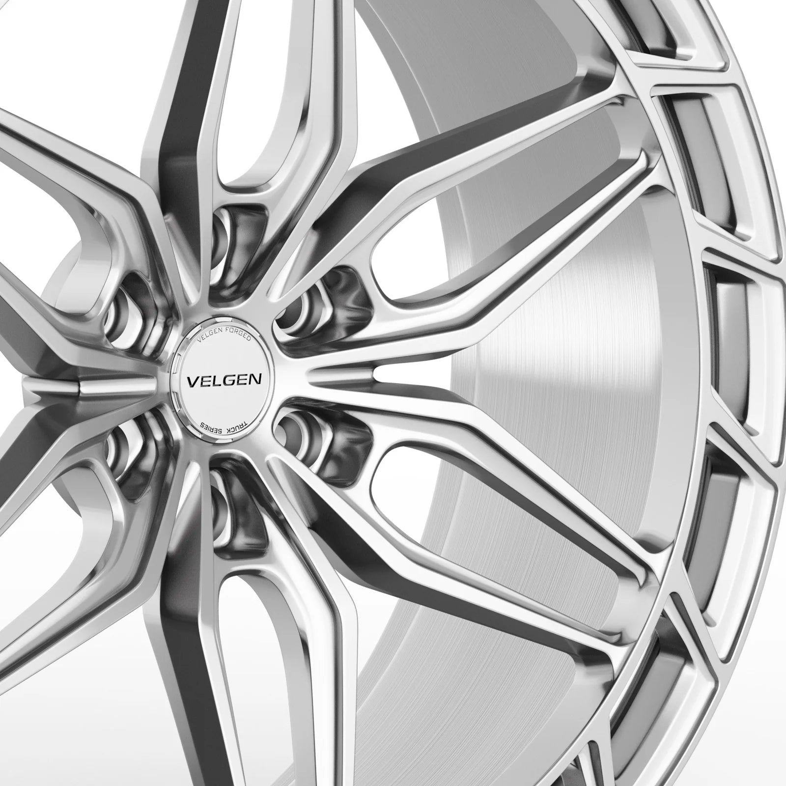 Velgen VFHX-05AD forged monoblock wheel in brushed aluminum, center cap and spoke detail