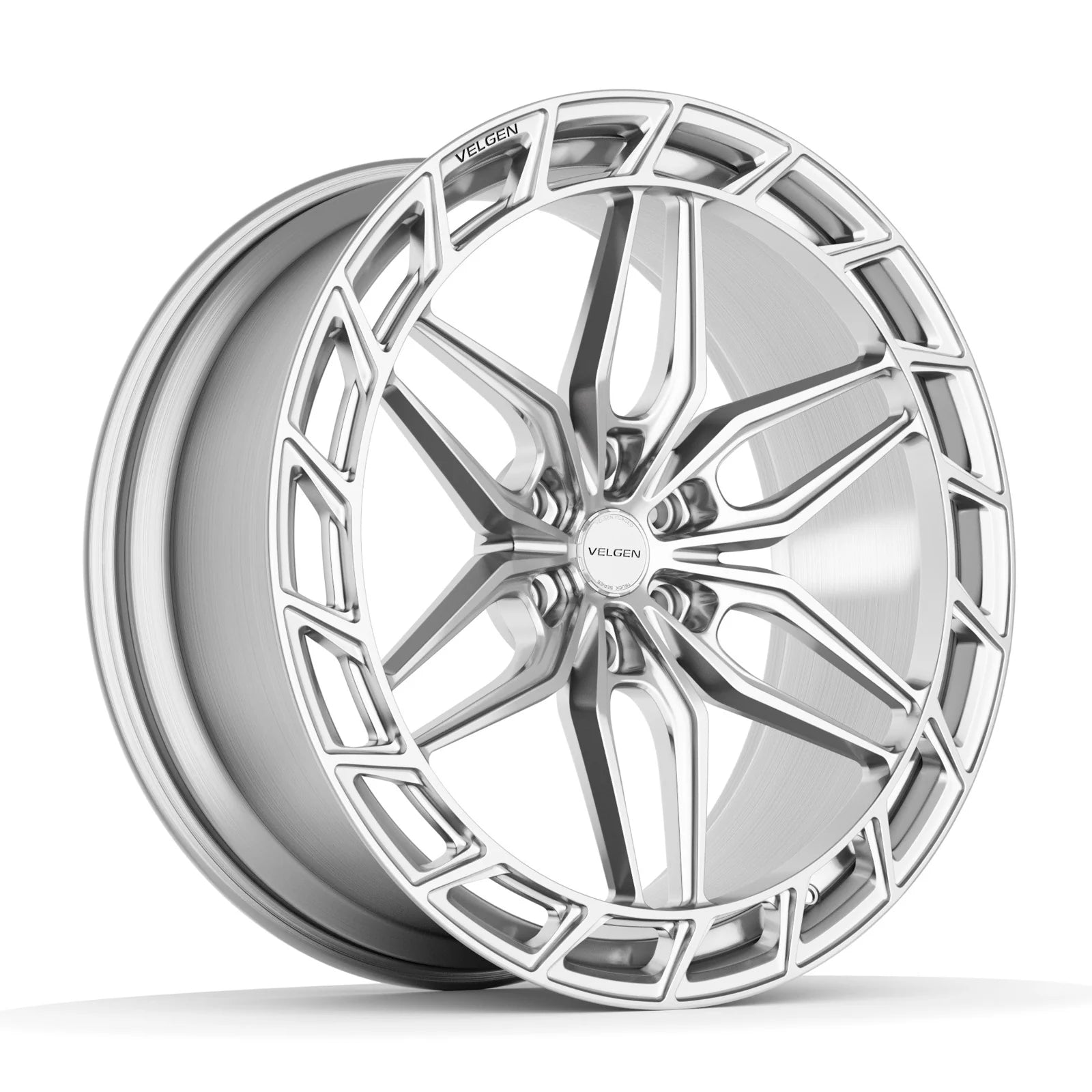 Velgen VFHX-05AD forged monoblock wheel in brushed aluminum, three-quarter view