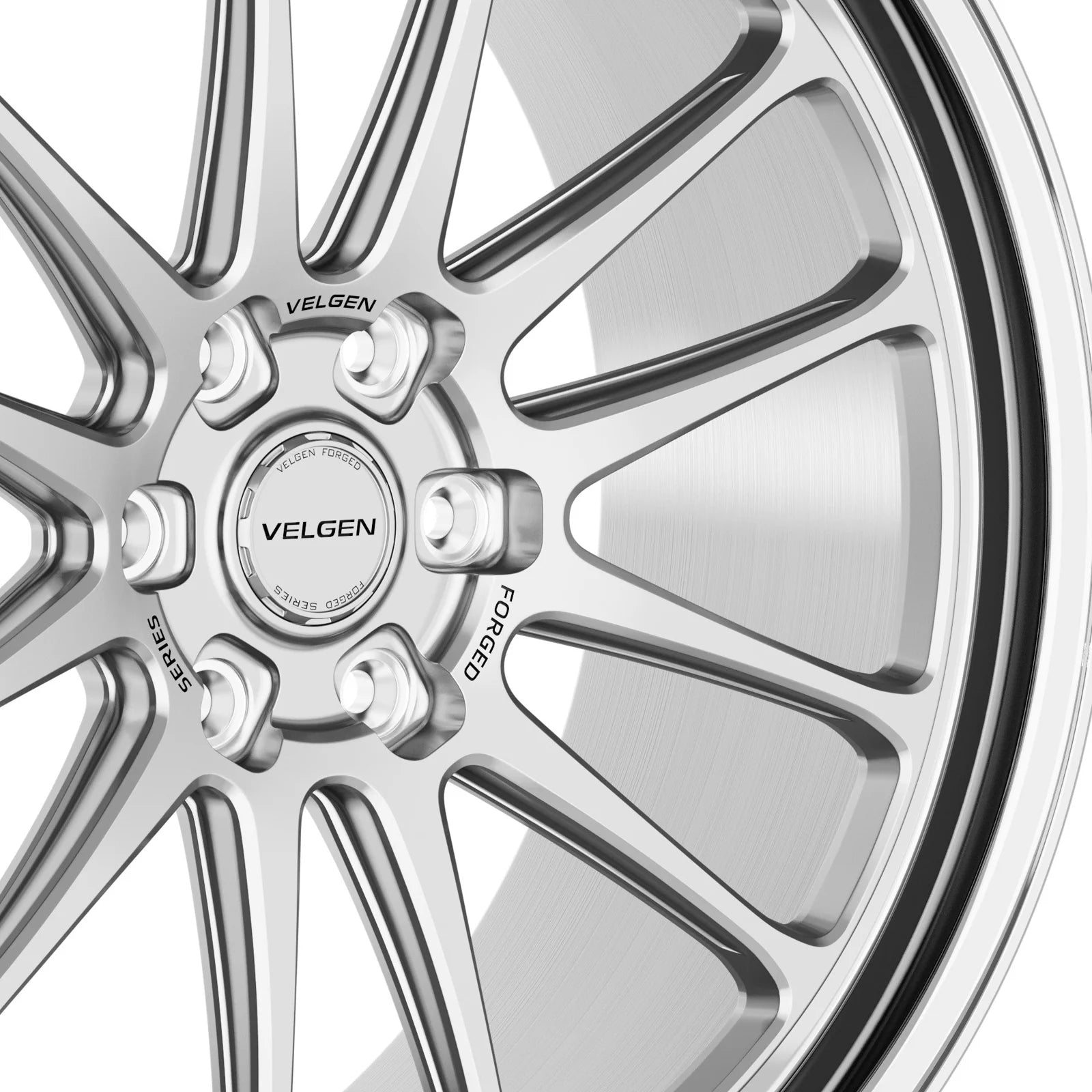 Velgen VFTS-02 forged monoblock wheel in brushed aluminum, center cap and spoke detail