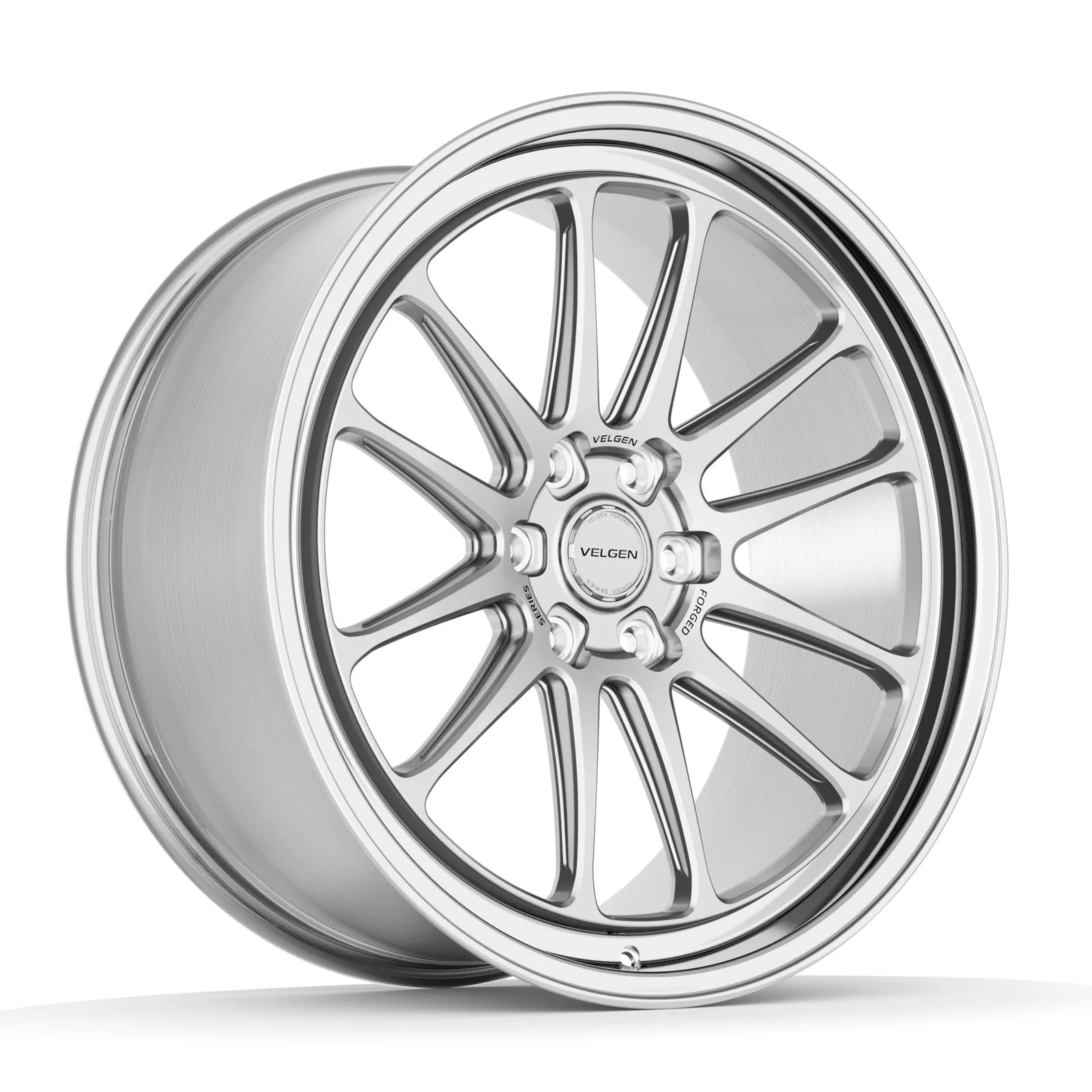 Velgen VFTS-02 forged monoblock wheel in brushed aluminum, three-quarter view