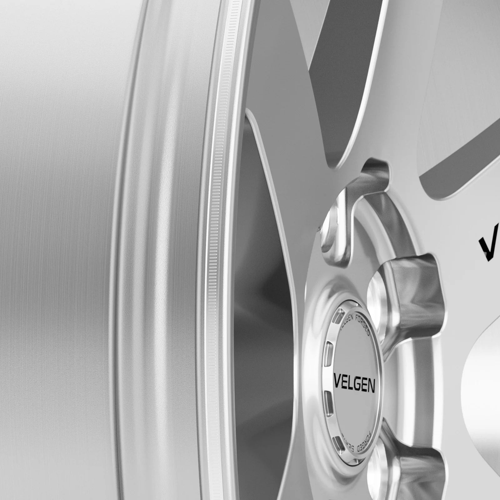 Velgen VFTS-03 forged monoblock wheel in brushed aluminum, barrel and lip detail