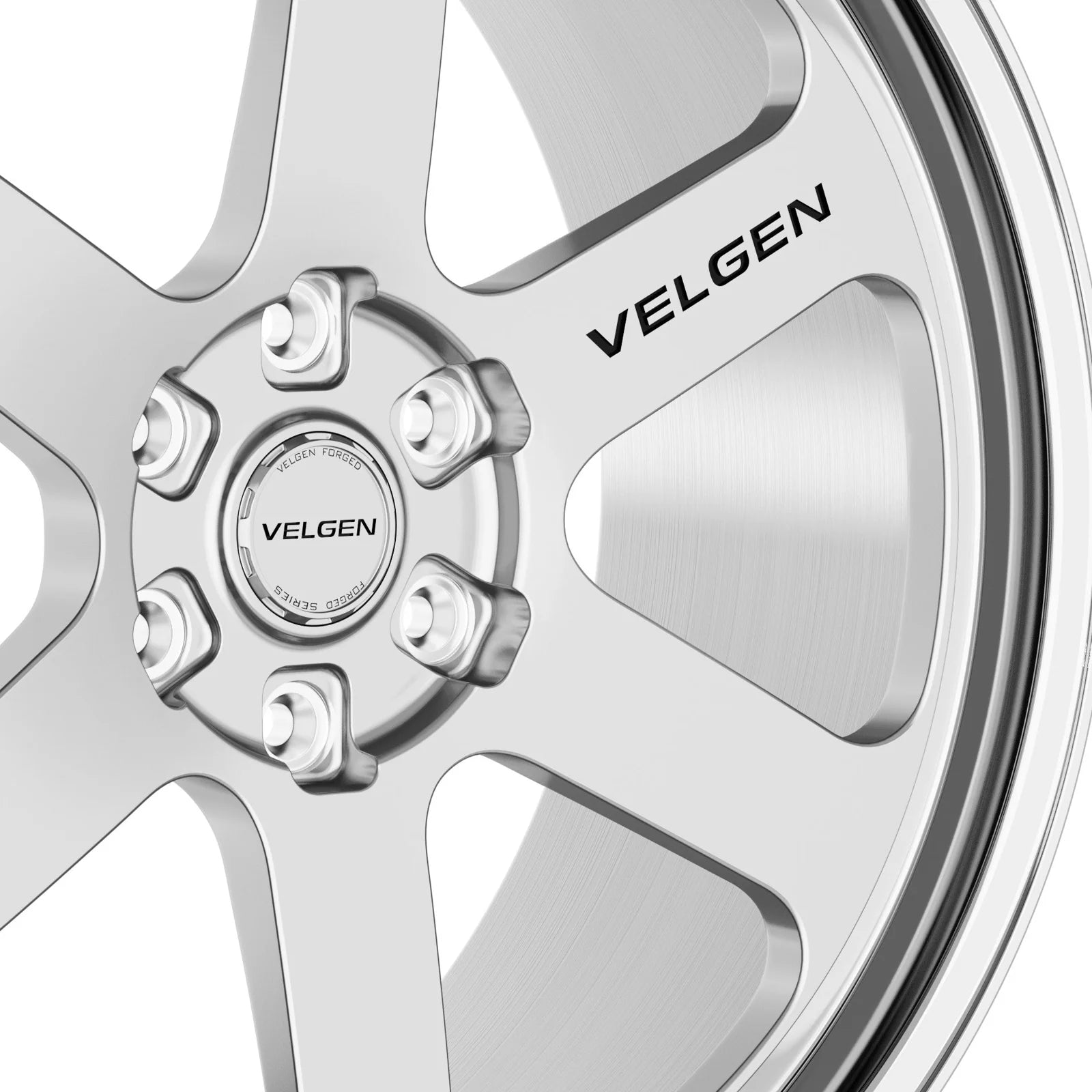 Velgen VFTS-03 forged monoblock wheel in brushed aluminum, center cap and spoke detail