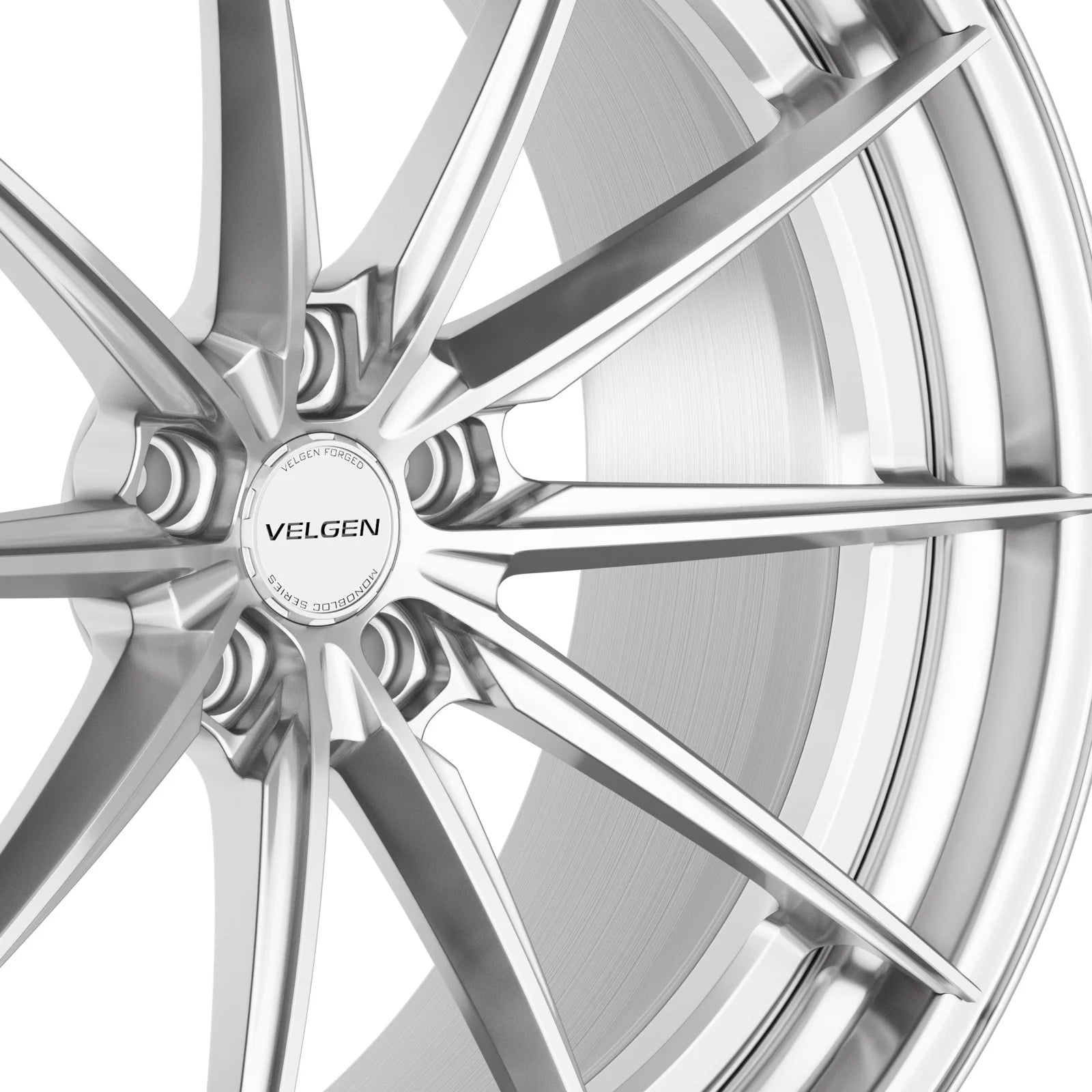 Velgen VSL-01 forged wheel in brushed aluminum with a polished lip, center cap and spoke detail