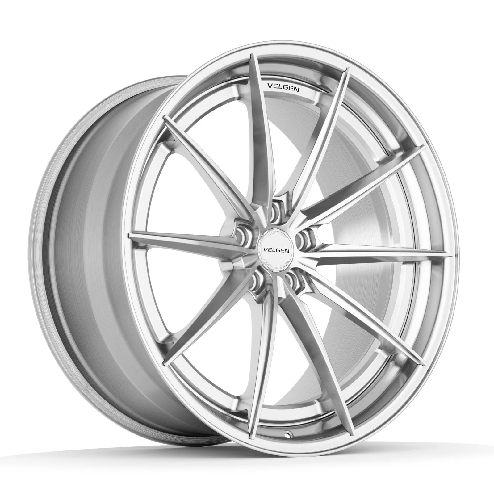 Velgen VSL-01 forged wheel in brushed aluminum with a polished lip, three-quarter view