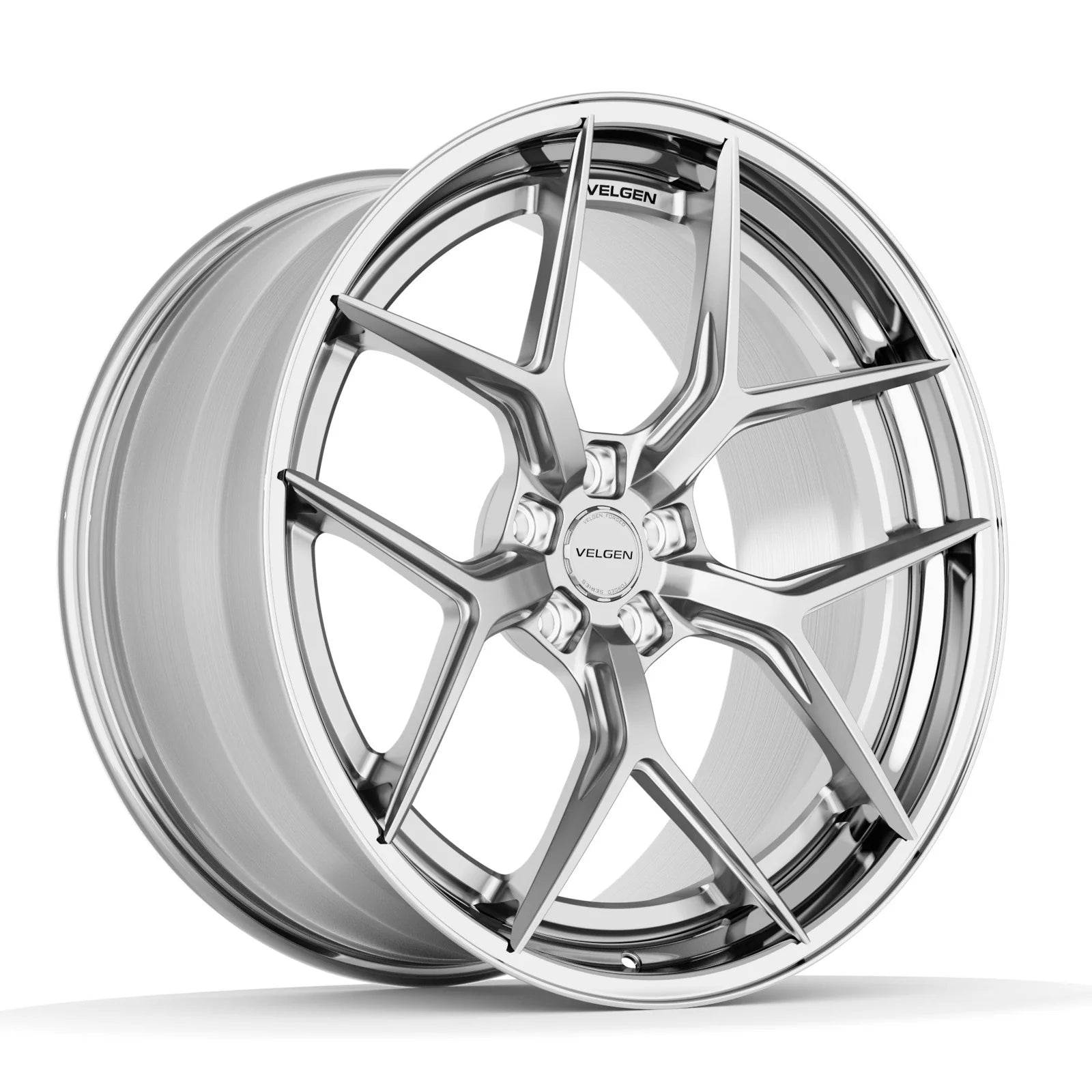 Velgen VSL-02 forged wheel in brushed aluminum with a polished lip, three-quarter view