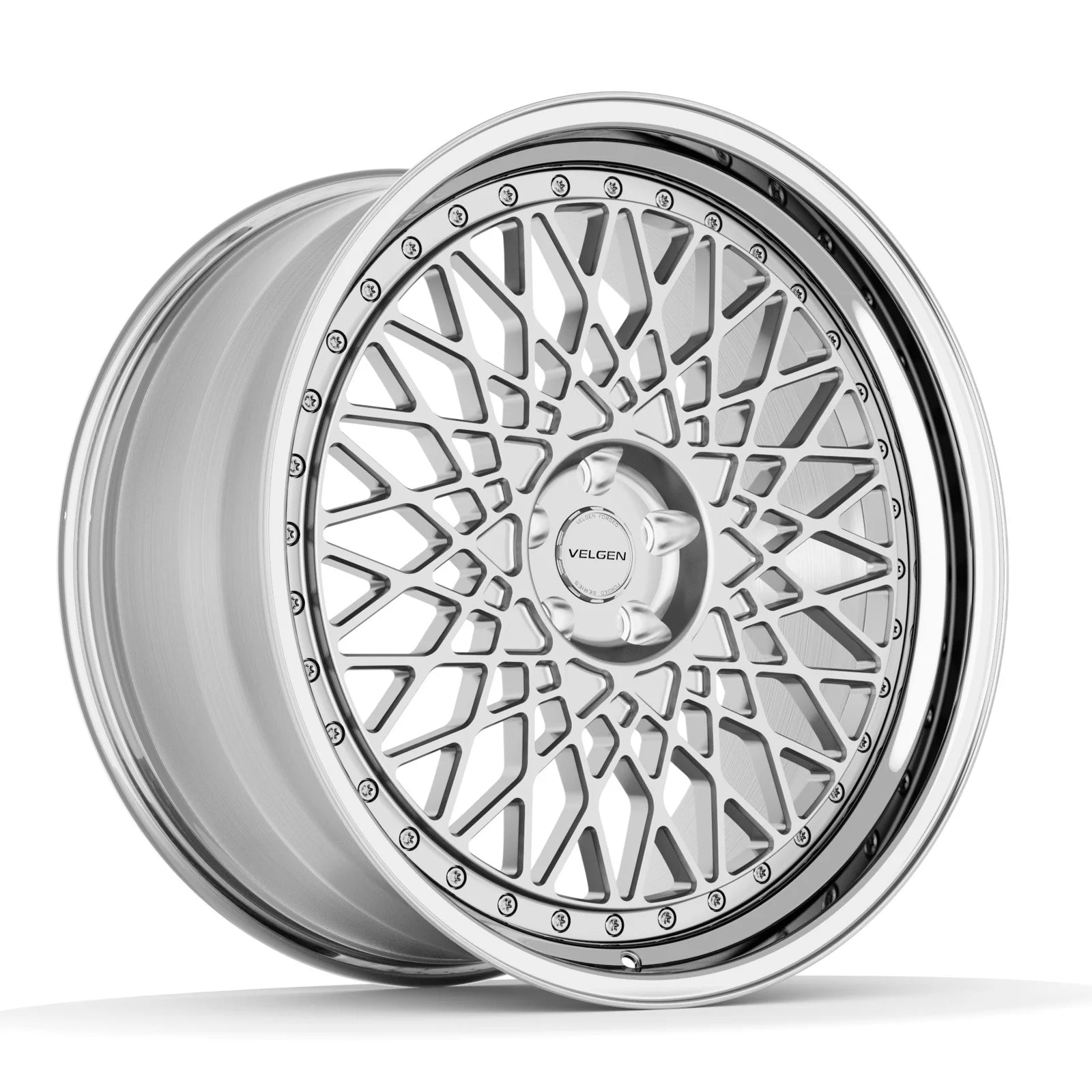 Velgen VSL-04 forged wheel in brushed aluminum with a polished lip, three-quarter view