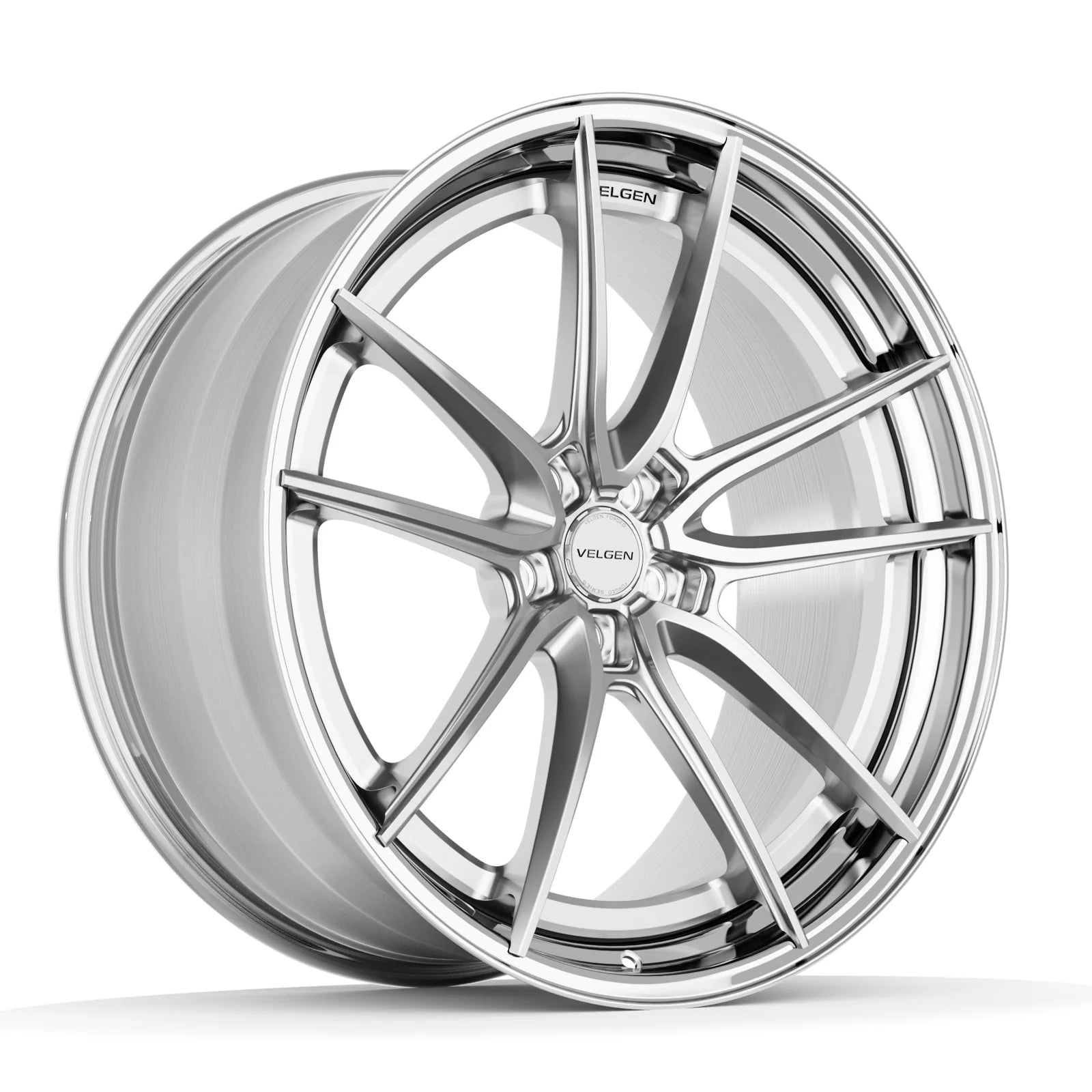 Velgen VSL-06 forged wheel in brushed aluminum with a polished lip, three-quarter view